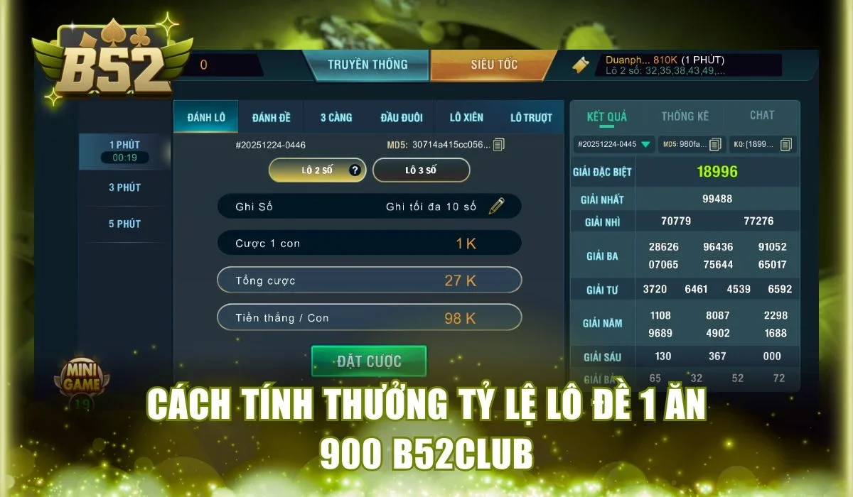 Cách tính thưởng tỷ lệ lô đề 1 ăn 900 B52Club